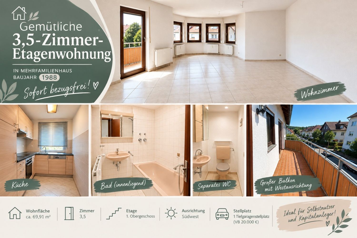 Sofort bezugsfrei: Gepflegte 3,5-Zimmer-Wohnung mit Balkon und Tiefgaragenstellplatz - Titelbild (23903)
