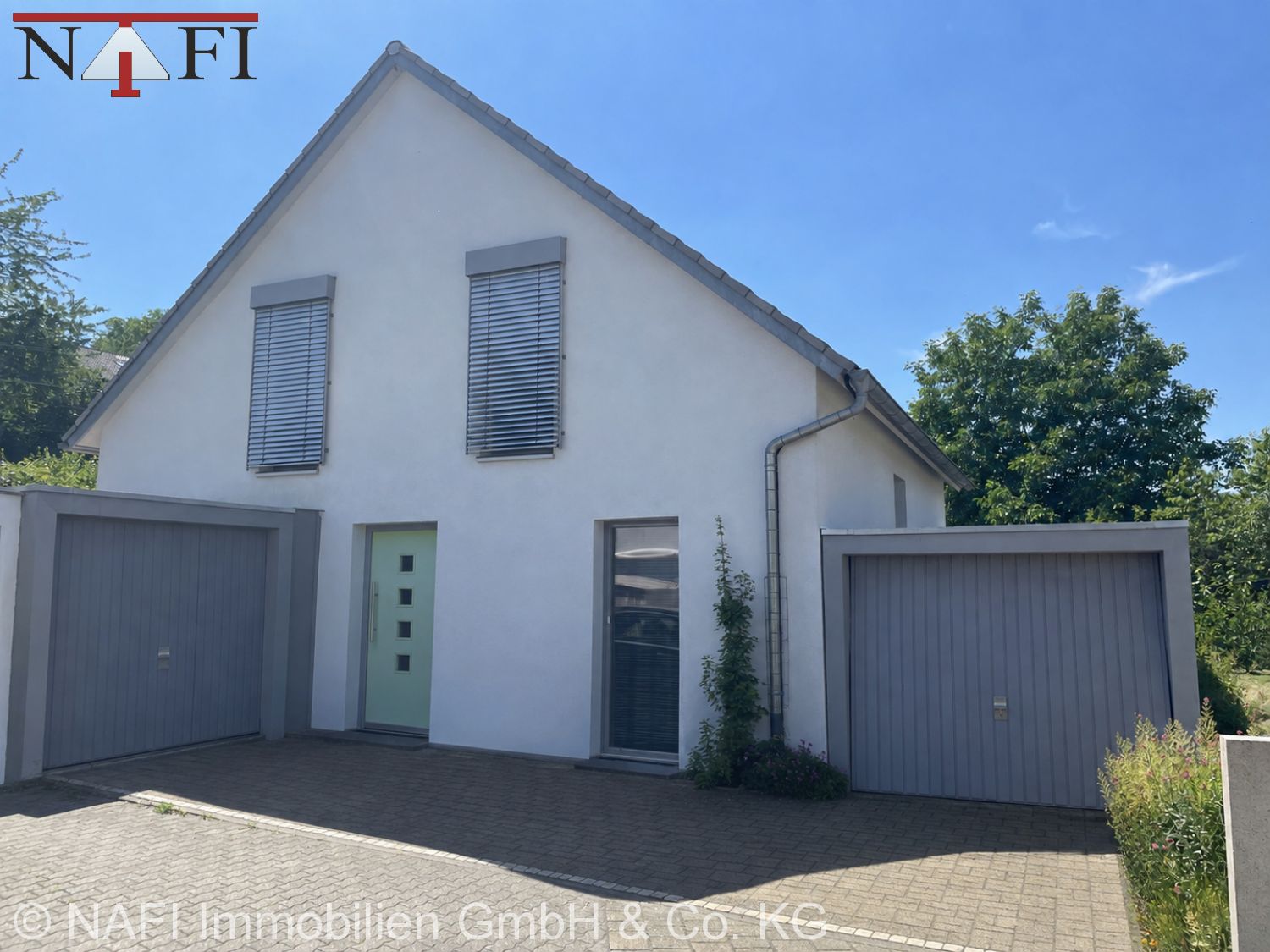 Exklusives Passivhaus mit Schwimmteich, Photovoltaik und hochwertiger Ausstattung - Haus- und Garagenansicht (23018)